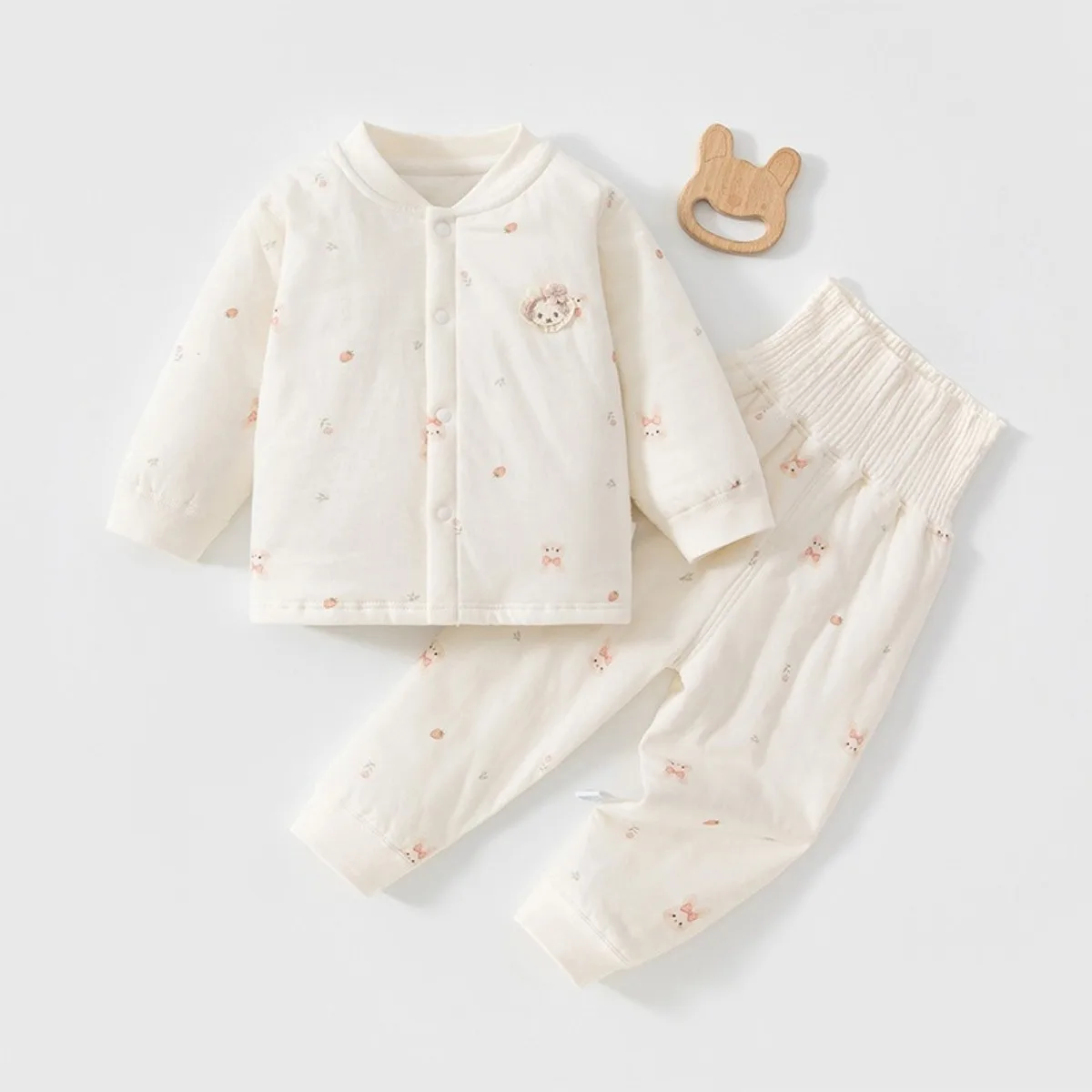 Baby Quilted Pajamas Set Fall Winter Thermal Cotton Padded Outfit Toddler Long Sleeve Loungewear Unisex 0-4T with Cute Patch