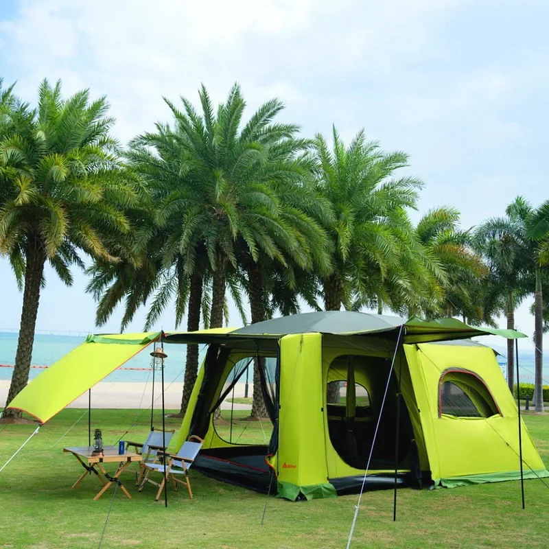 Black Glue Coated Tent Sunscreen Rainproof Double Layers One Hall Two Sleeping Rooms 4-8Persons Large Space with Extend Awning