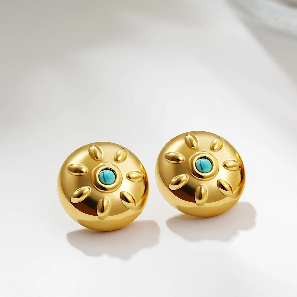 Charm Hemispheres Chunky Round Stud Earring Anti Allergic Metal Natural Stone Statement Geometric Hoop Huggie Earring Bijoux New