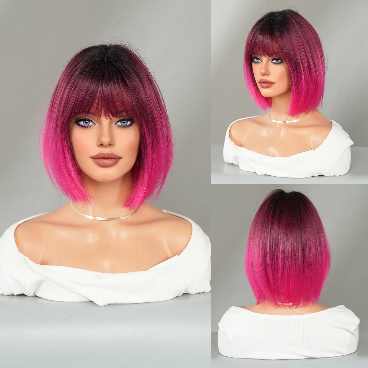 PARK YUN Costume Wig Rose Pink Short Wig for Women Daily Party Dark Roots Natural Synthetic Lavender Heat Resistant Straight Wig