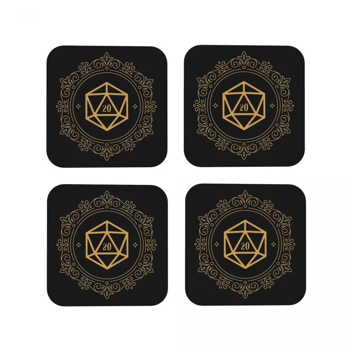 

Polyhedral D20 Dice Monogram Bronze Tabletop RPG Coasters Kitchen Placemats Cup Coffee Mats For Home Tableware Pads Set of 4