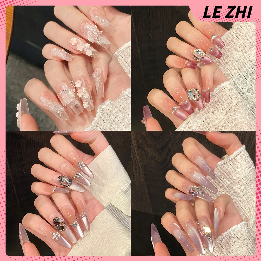 

Cat Eyes Handmade Reusable Full Cover False Nail 3D Glitter Diamond Flowers French Gradients Long Stiletto Coffin Fake Nail