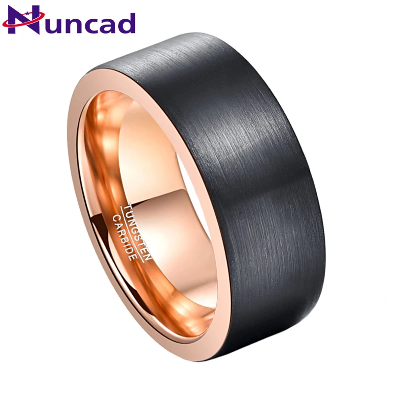 

NUNCAD 8mm Width Tungsten Steel Ring Outer Surface Brushed Black Plating + Rose Gold Color Tungsten Carbide Ring T195R