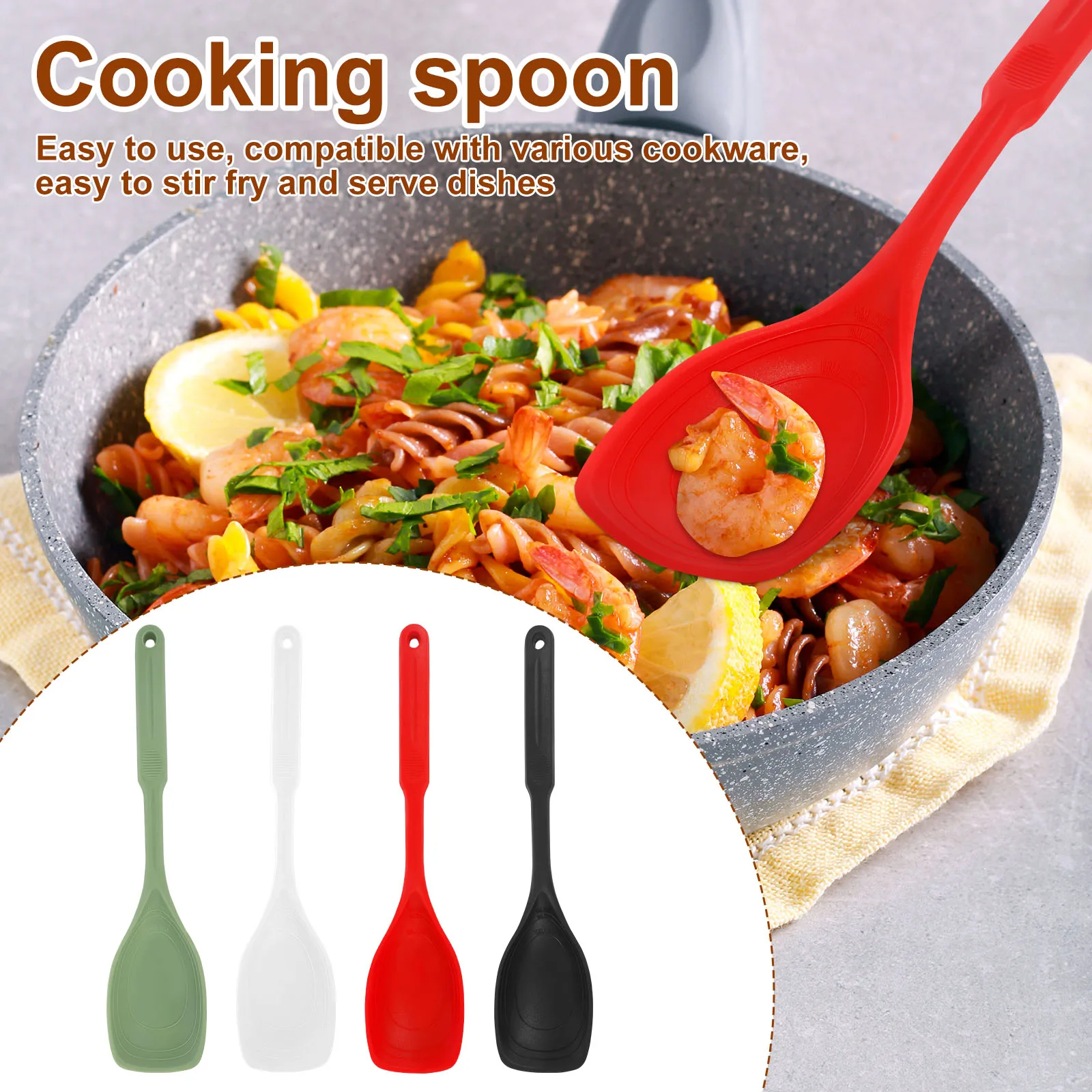 4 Pcs Silicone Cooking Spoon Set with Deep Bowl and Measurement Mark Nonstick Solid Spoon Heat Resistant Basting Spoon for