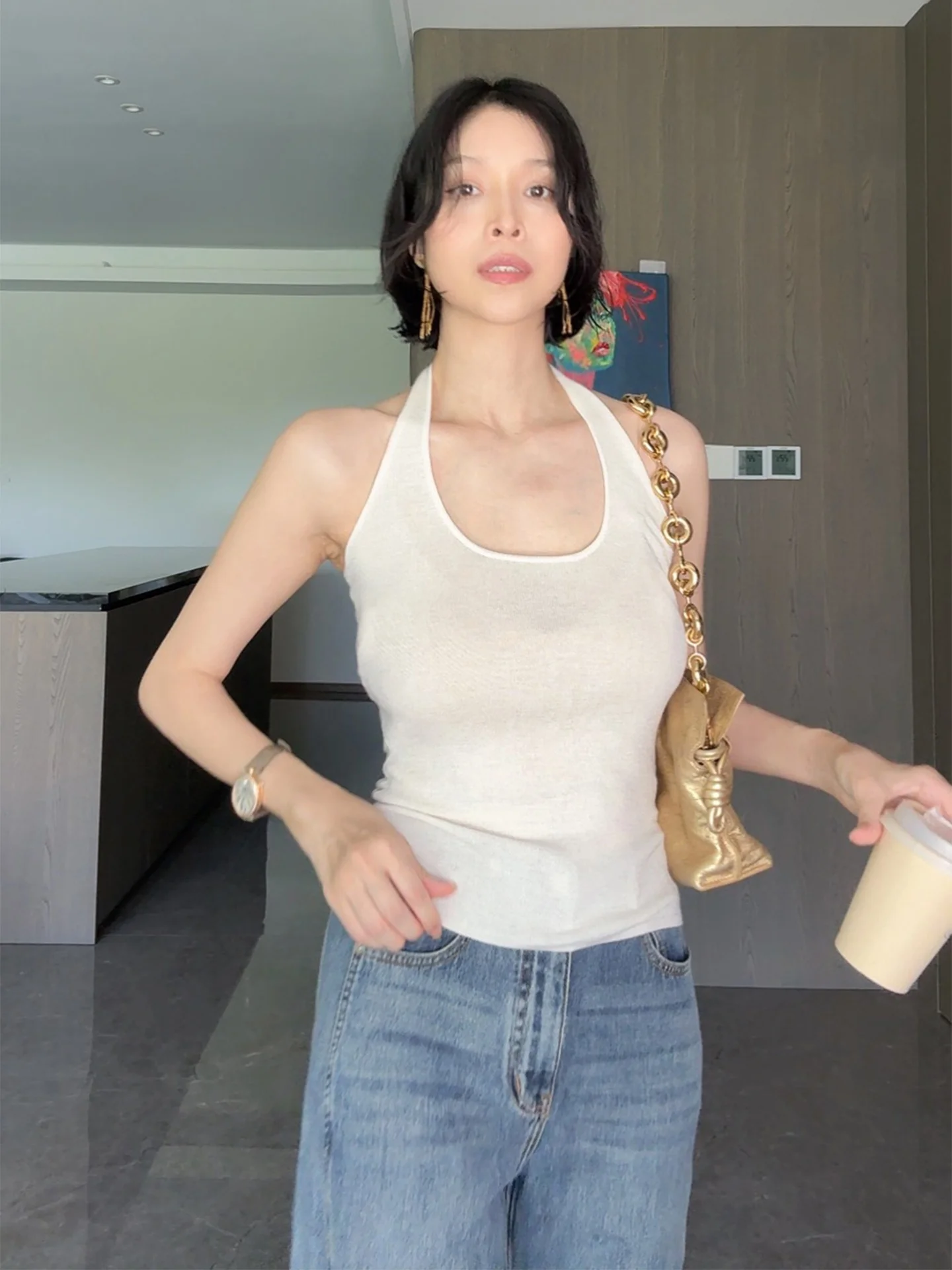 

Повседневный романтический шерстяной жилет с ремешками, французский жилет, внутренняя одежда, облегающая длина, шелковая смесь, женская мода, лето 2025