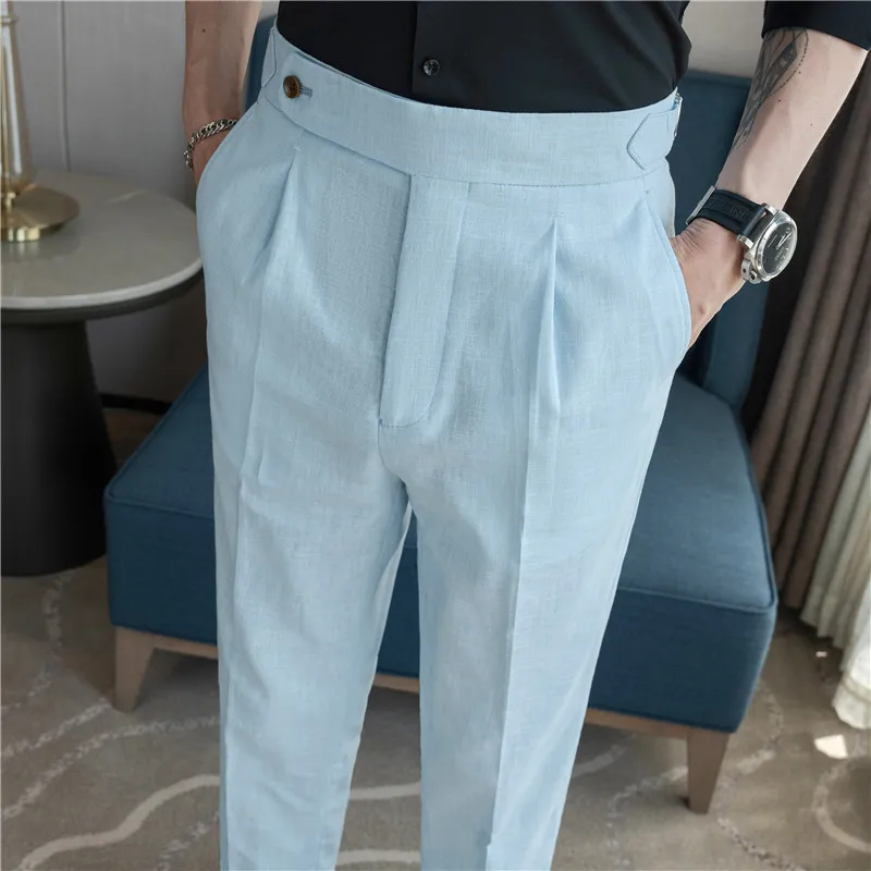 

Vintage Thin Linen Italian Naples Pants Men High Waist Straight Suit Casual Trousers Spring Summer Fashion Cropped Pants