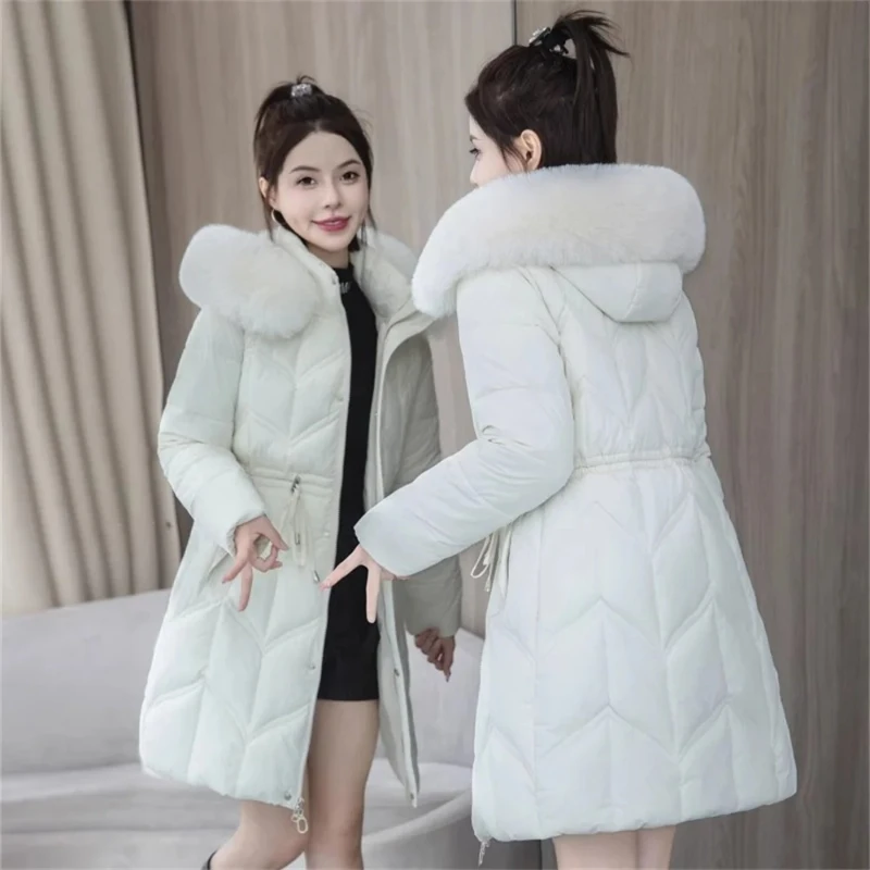 2025 الكورية موضة الشتاء المرأة مقنعين القطن أسفل معطف دافئ سترات أسفل معاطف السترة الطويلة موضة الفراء طوق الأساسية سترة طويلة