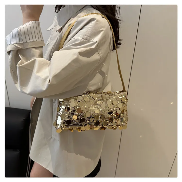 Neue Pailletten-Abendtasche, Schultertasche für Damen, leicht, tragbar, Damen-Umhängetasche mit Riemen, einfarbig, modische Handtasche für Frauen. – Detail 16