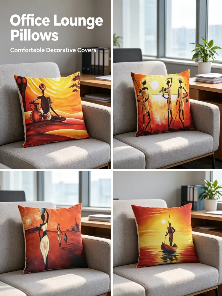 African Tribal Figure Throw Pillow Covers Vintage Sunset Oil Painting Cushion Case Ethnic Decorative Square Pillowcase for Sofa