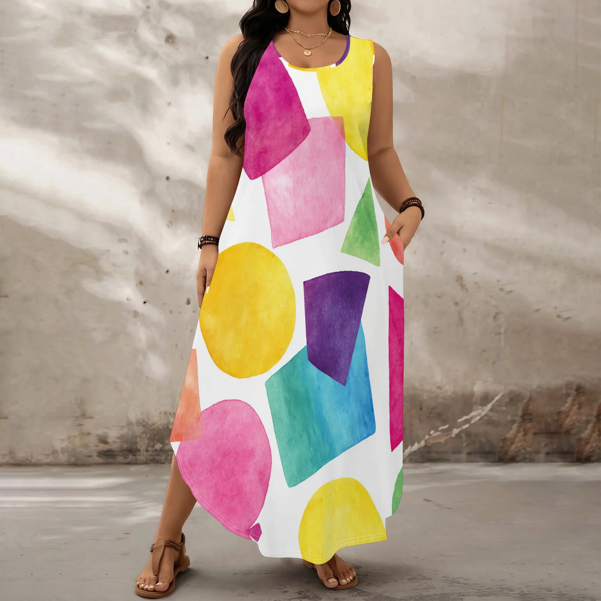 

Women's Plus Size Geometric Print Maxi Dress Summer Casual Loose Tank Dress with Pockets Beach Vacation Party Long Dress XL-6XL