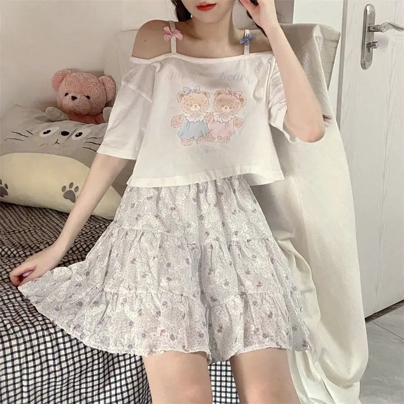 Sweet Bow Tied White Off shoulder Summer Top Women Harajuku Kawaii Bear Short sleeve T -shirt With Straps Casual Sexy Basic Tees