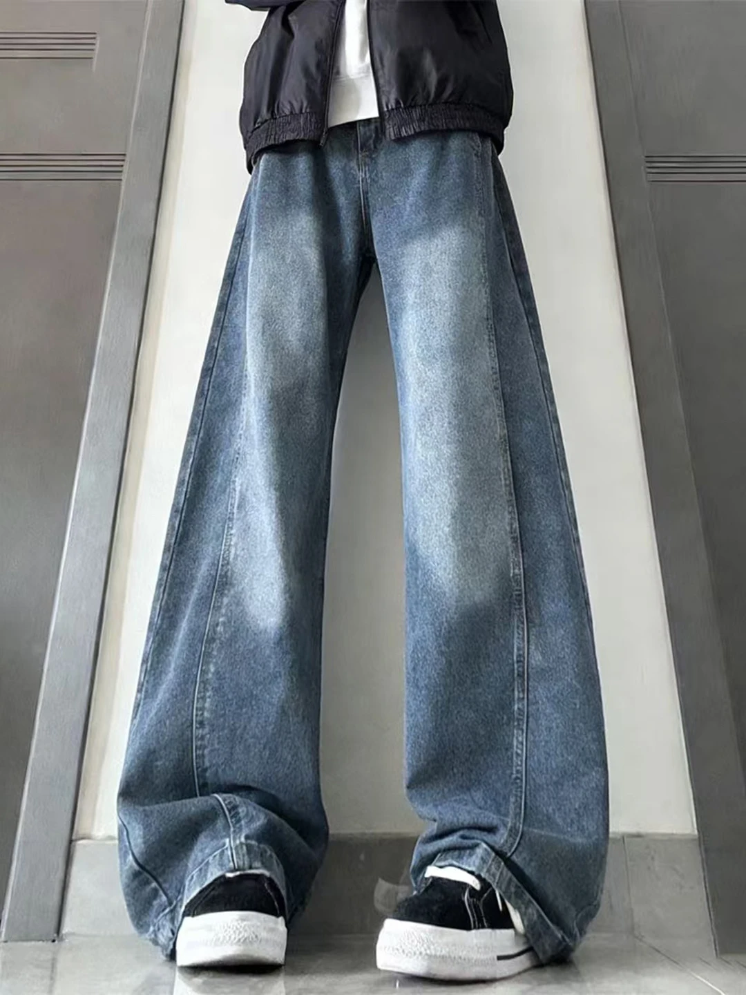 

Deep Blue Men's Wide Leg Jeans Fce Lined Straight Cut Waed Vintage Sle Winter Faion Youth Button Zipper Closure