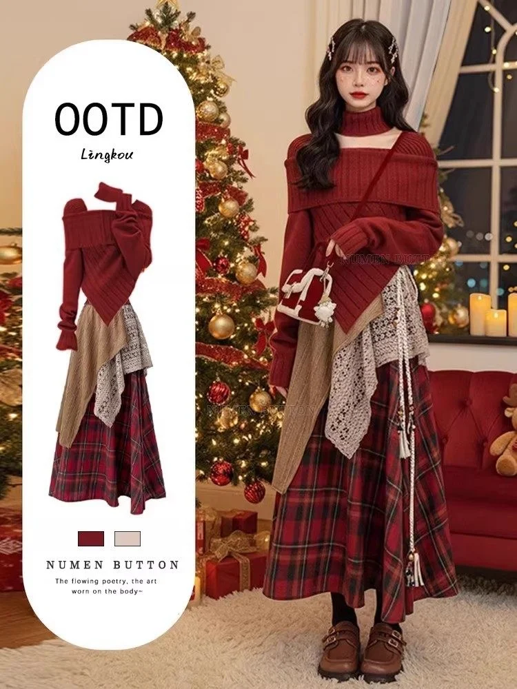 

Красный вязаный свитер и комплект с юбкой для женщин: осенне-зимний модный стиль, новогодний образ, комплект из четырех предметов