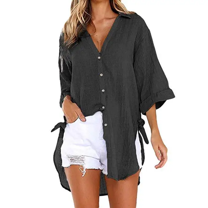 Camisa de playa de talla grande para mujer, Túnica de color negro con botones, talla grande 5XL, 4XL, 3XL, 2024