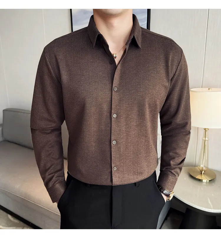 Winter Thick Warm Shirt Long Sleeve Men Clothing 2025 Elegant Advanced Top No-mark Grey Striped Shirt Coffee 4xl Male Clothes