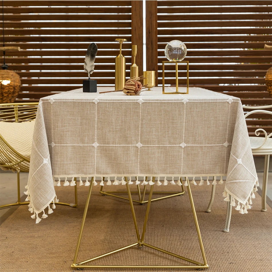 Mantel de encaje a cuadros Jacquard tridimensional, cubierta de mesa a prueba de polvo con borlas de lino y algodón, para decoración de comedor,