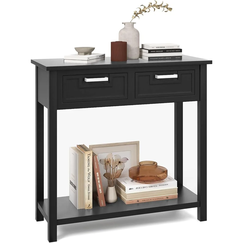 

Console Table with Storage, Wooden Small Entryway Table with 2 Drawers, Open Storage Shelf, Rubber Wood Legs, Modern Ent