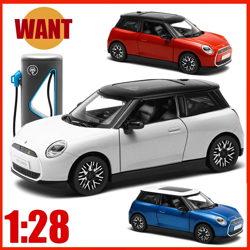 1:28 BMVV Mini Cooper Toy Car Alloy New Energy Classic Vehicle Diecast Metal Model Simulation Sound Light Pull Back Kid Gift Dec