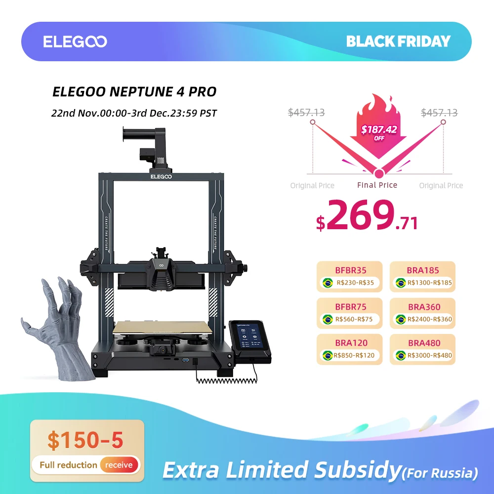 ELEGOO-NEPTUNE 4 Impressora 3D PRO FDM, até 500 mm/s, alta velocidade, nivelamento automático de cama de 121 pontos, tamanho de impressão de 225x225x265mm