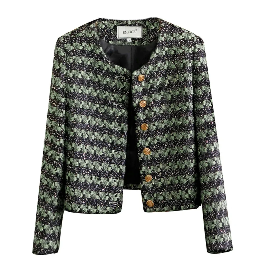 

Ln Spring And Autumn, The New Green Ladies' Striped Small Fragrance Coat female Short Plaid Fashion Woolen Outerwear Women.