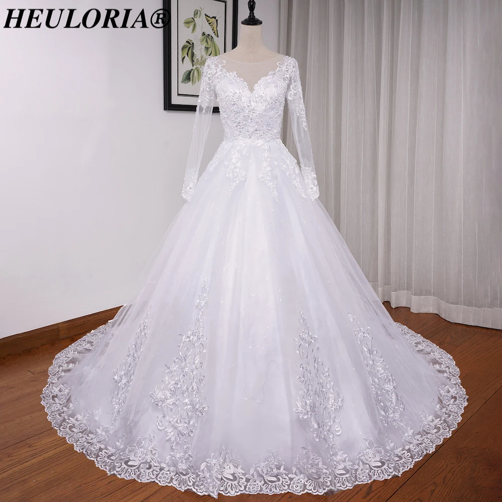 HEULORIA ball gown princess wedding dress V neck long sleeve lace beading bride dress plus size robe de mariee Wedding gown