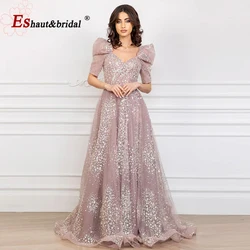 Elegant Arabic Pink A-Line Beaded Evening Dress for Women 2024 V Neck Puff Sleeves Long Formal Prom Weding Party Gown Customized