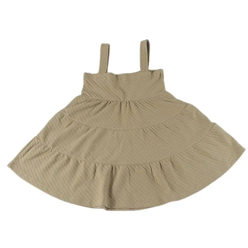 Girls dress diagonal ribbed braces sleeve girl clothes khaki ribbed with back buttons gathered dresses for autumn/winter dress