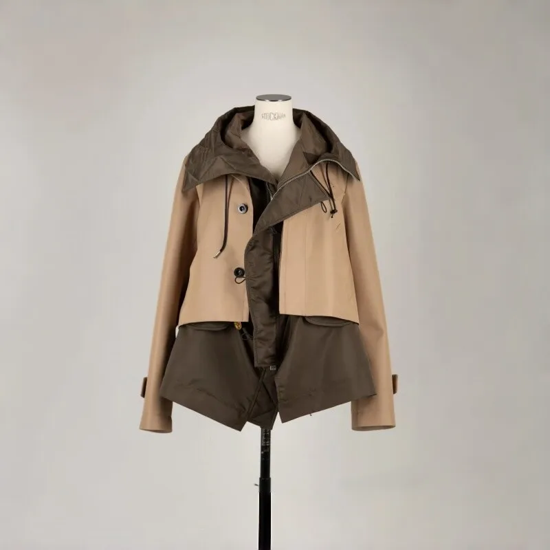 

SAC splicing contrasting color loose splicing casual hooded trench coat