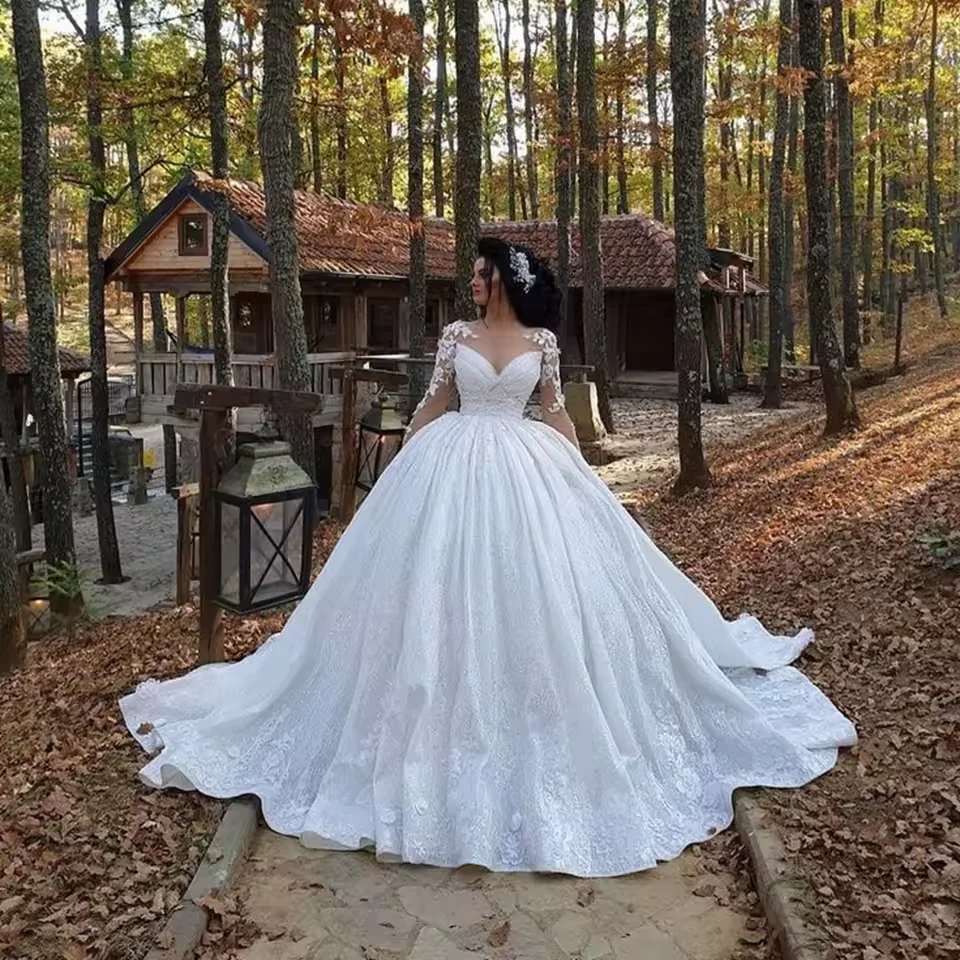 

Customized O-Neck Lace Appliques Long Sleeves Wedding Dresses Ball Gown Floor Length Sweep Train Tulle Bridal vestidos de novia
