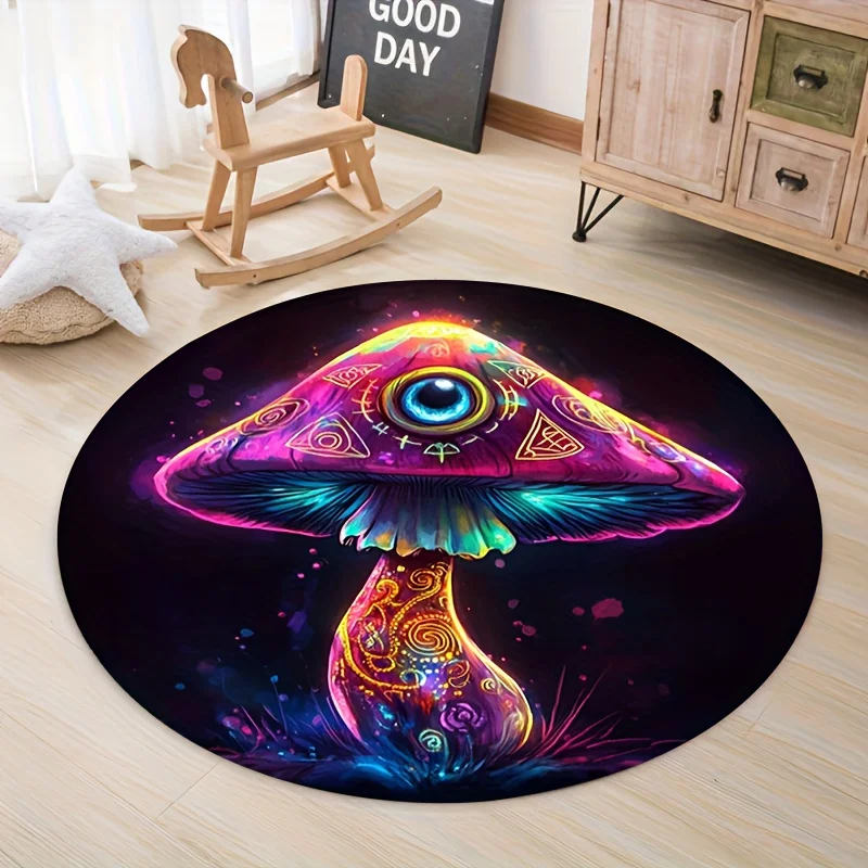 Flannel Printed Round Rug With Psychedelic Mushroom Design For Home Decor Soft Floor Mat Artistic Trippy Theme Boho Style