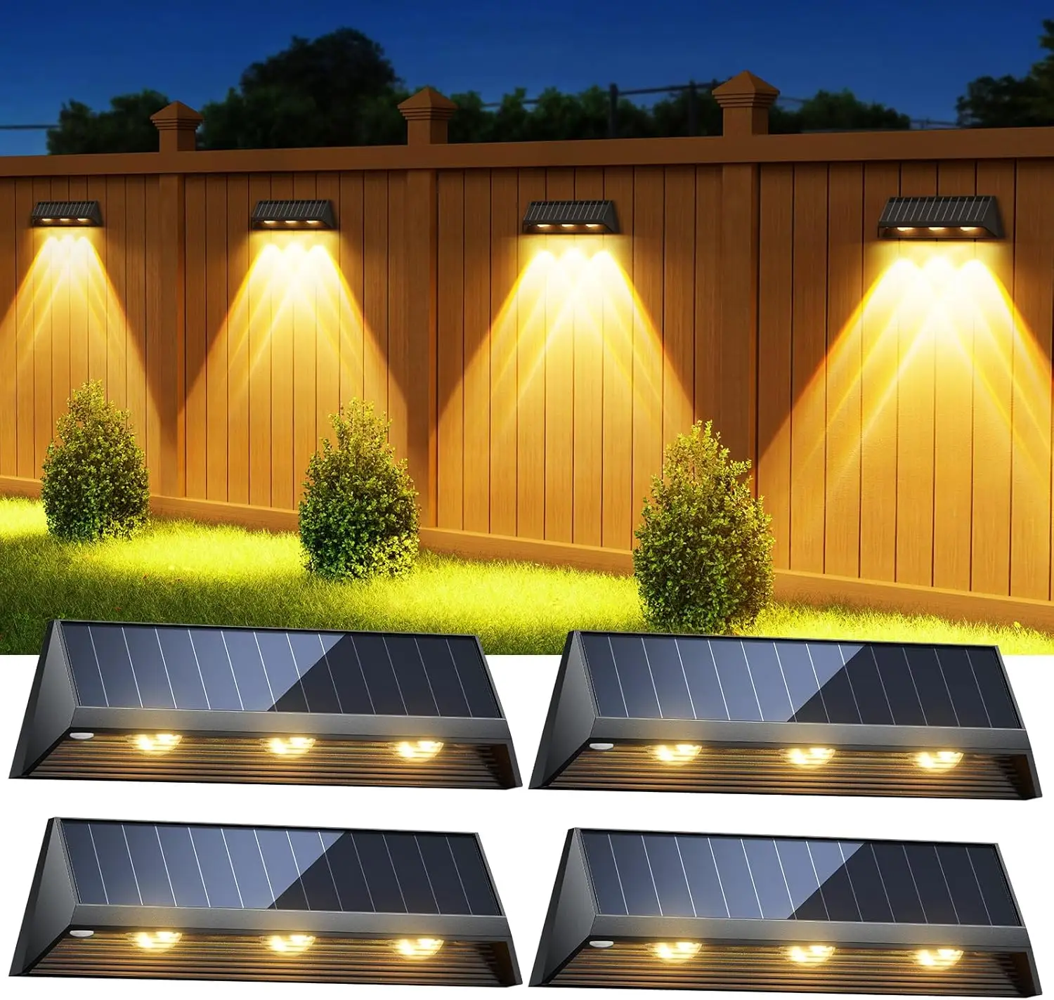 

3X Bigger & Brighter Solar Fence Lights, IP67 Waterproof, 2 Modes Auto On/Off, LED Outdoor Deck Lights, 4 Pack
