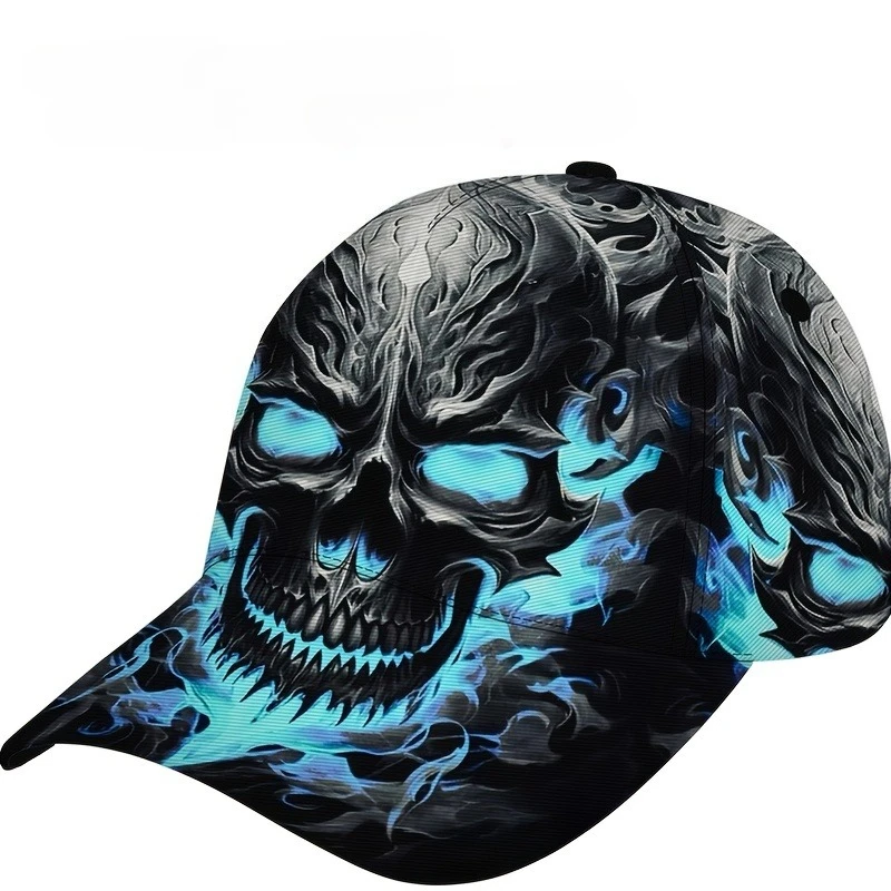 A Baseball Cap Featuring a Unique Design with Blue Flames And Skull Graffiti - Adjustable Size, Cool Patterns, Sporty Headwear,