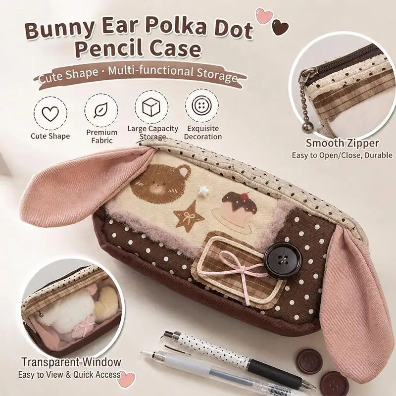 Cute Bunny Ear Polka Dot Pencil Case With Large Capacity And Smooth Zipper For School Students Daily Stationery Organizer