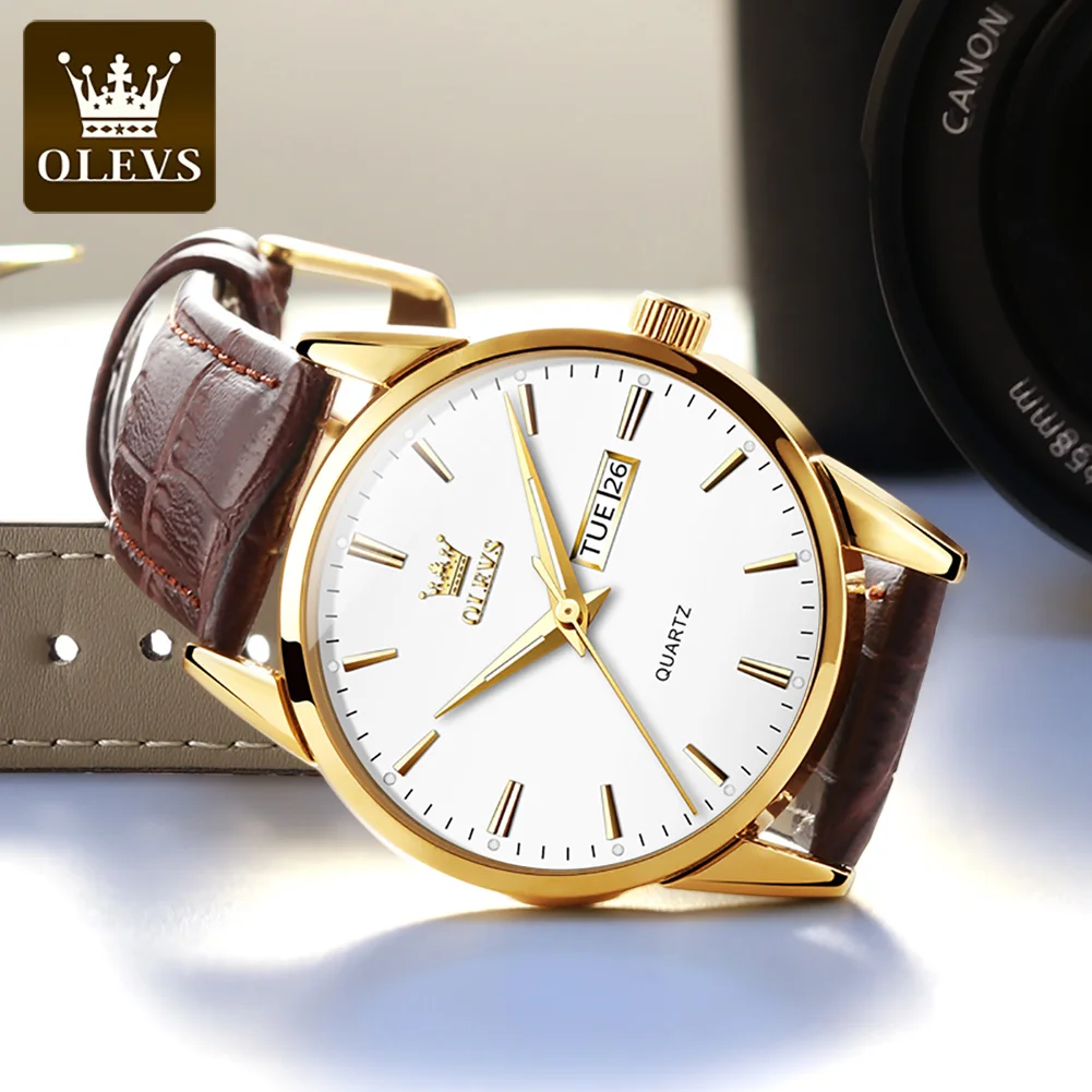 OLEVS Top Brand Men Classic Quartz Waterproof Watch Leather Strap Business Popular Casual Watch for Man Original Luminous Date