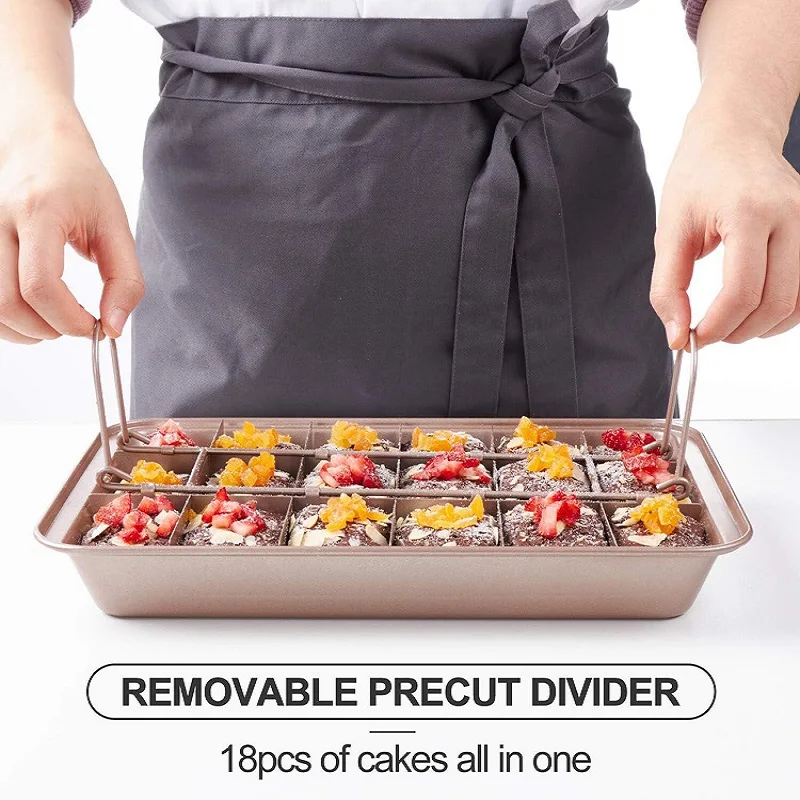 Brownie Pan with Dividers, Carbon Steel Bakeware Tray with Grips for Oven Baking, 18 Pre-Cut Square Molds for Brownies