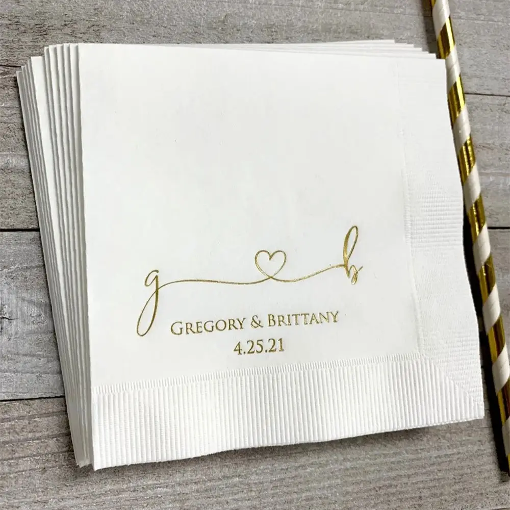 50PCS Personalized Wedding Napkins Personalized Heart Connected Monogram Wedding Napkins Custom Bar Napkins Reception