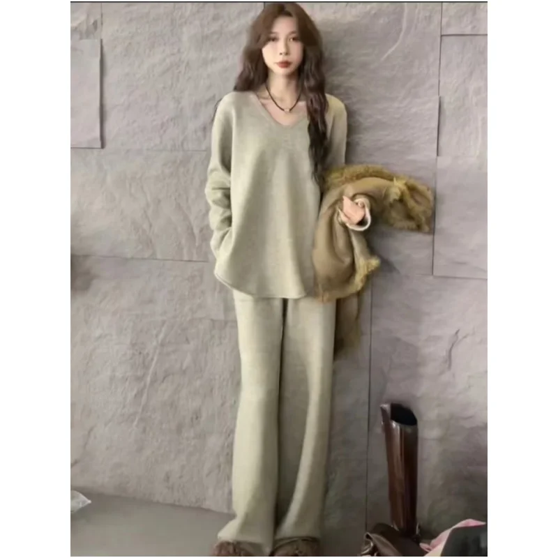 Autumn Winter Cashmere Sweater Sets Women Suit V-Neck Knit Pullover Fashion Straight Wide Leg Pants Luxury Knitted Two-Piece Set