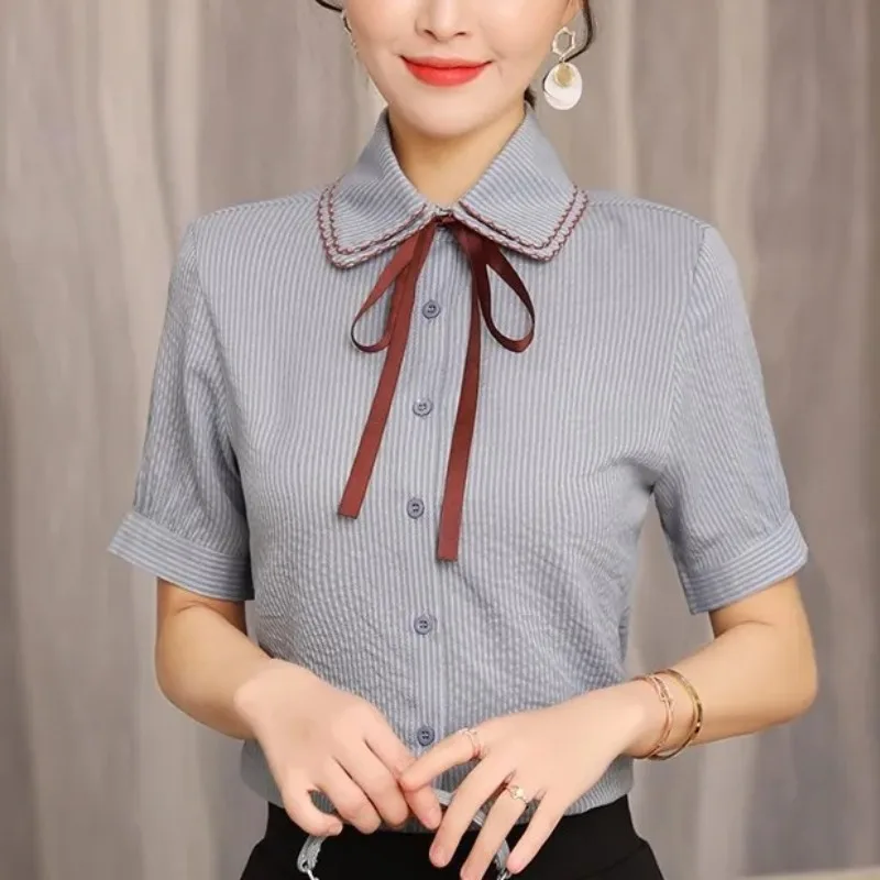 Summer Women's Button Turn-down Collar Short Sleeve Bandage Solid Color Striped Shirt Casual All-match Korean Drawstring Tops