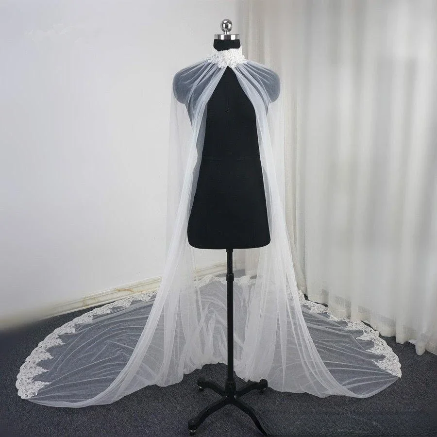 

Solovedress Lace Bridal High Neck Cloak Long Train Wedding Shawl with Beaded High Quality New Women Wraps cape bridal wraps