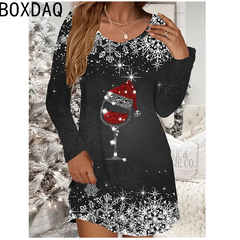 Vestido de Navidad de manga larga para mujer, ropa informal de corte en A, talla grande