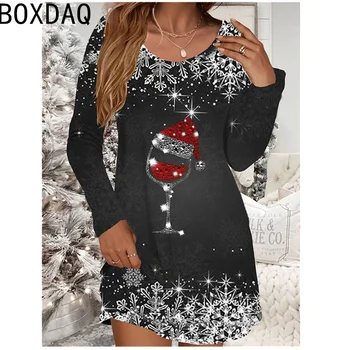 Neues heiß verkaufendes Weihnachts kleid Herbst Langarm lässig A-Linie Kleid Frohe Weihnachten Party kleid für Frauen große Vestidos