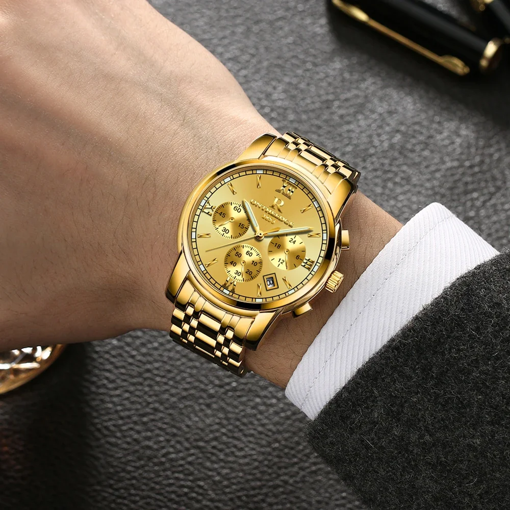 ONTHEEDGE Fashion Watch Men Luxury Gold Full Stainless Steel Men\'s Business Watches Quartz Male Clock Chronograph reloj hombre