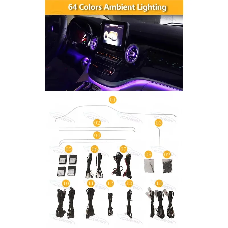W447 Turbine Air Outlet Ambient Light Kit, 64 Colors RGB Interior LED Atmosphere Lamp Fit 2016-2023 MPV Car Interior Mod Accesso