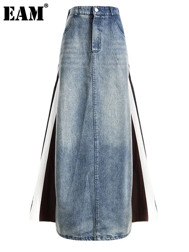

[EAM] High Elastic Waist Blue Denim Color-block Long A-line Half-body Skirt Women Fashion Tide New Spring Autumn 2024 17A7371