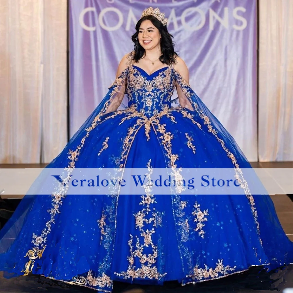 Royal Blue Vestidos De 15 Años Quinceanera Dress With cape 2023 Sequin Appliques Mexican Girls Birthday Party Dress