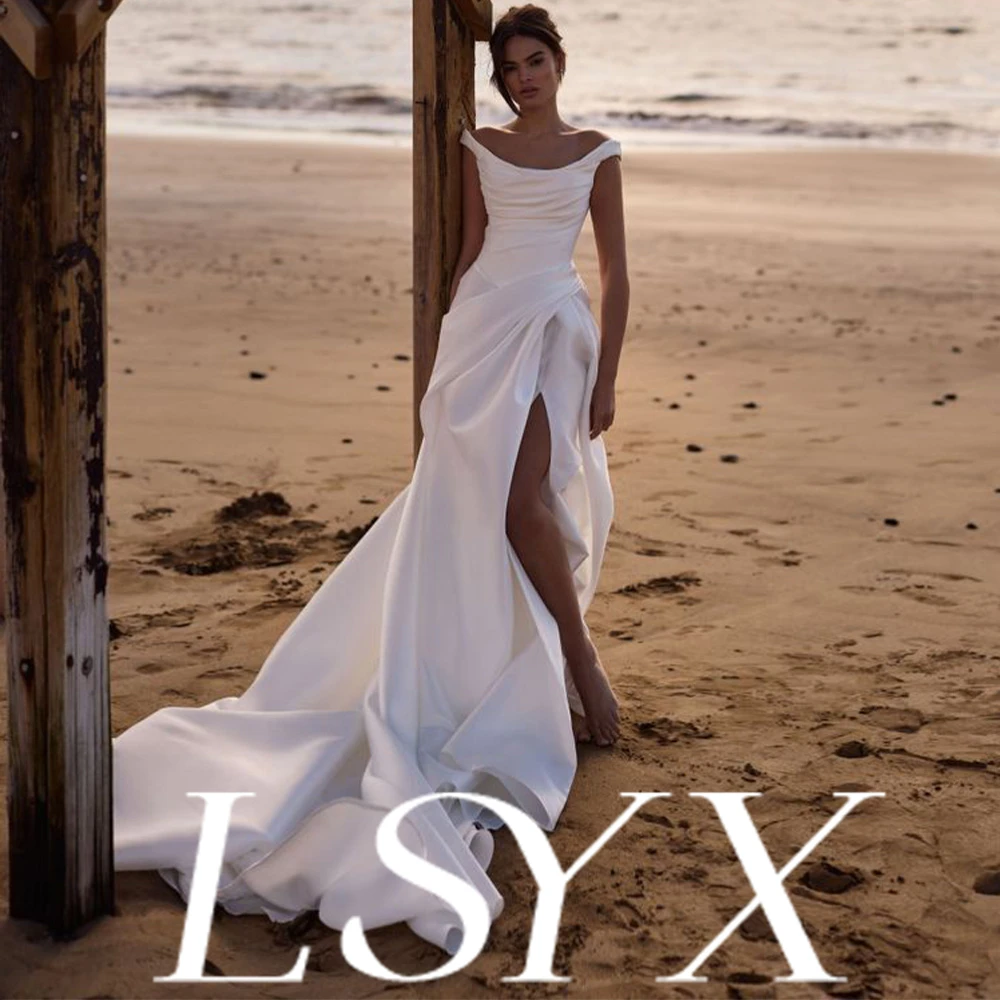 

LSYX Свадебное платье с капюшоном по индивидуальному заказу из атласной ткани с открытыми плечами и высоким разрезом со шлейфом BodyconFit Гламурное элегантное BridalChic Изысканное