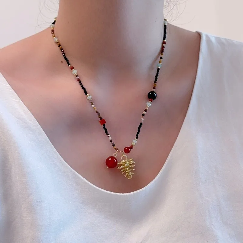 

Minar Creative Multicolor Natural Stone Beads Metallic Pinecone Pendant Necklaces for Women Gold Copper Chain Strand Chokers