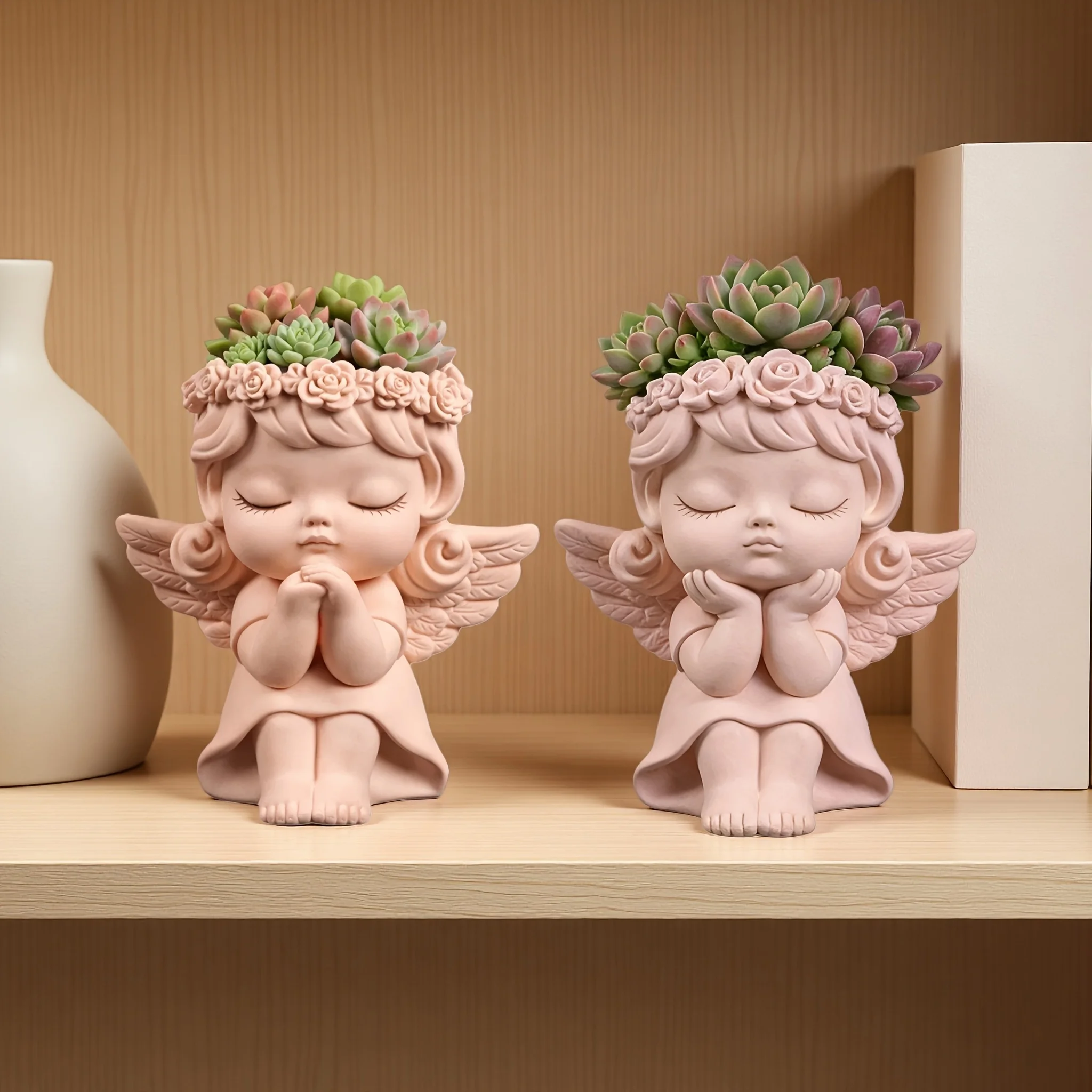2pcs Winged Angel Clay Mold Set Reusable Easy-Release Silicone Handmade Mold with Praying Pose and Curved Wings for DIY Candle