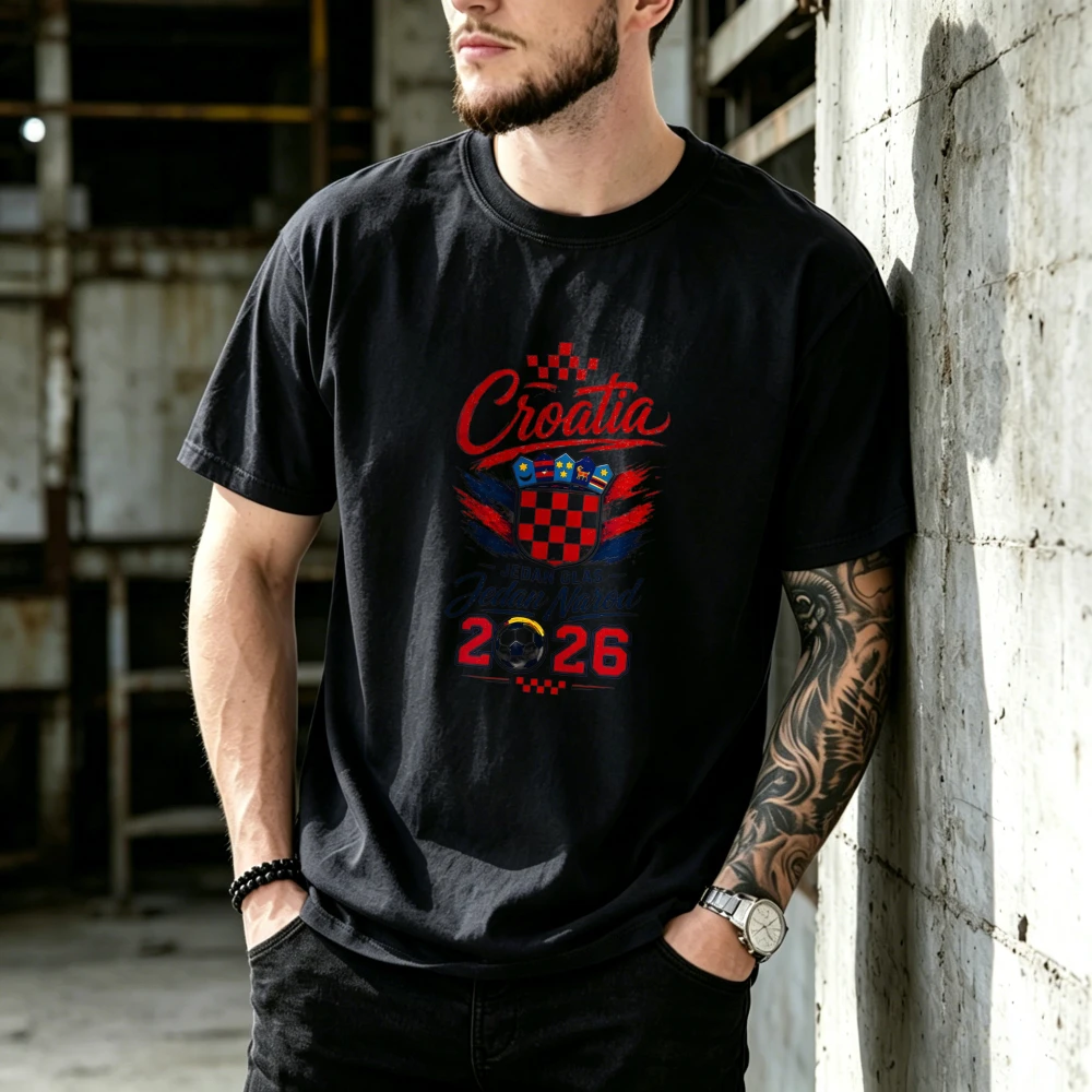 Unisex Croatia Crest 2026 Football Graphic Shirt Red Text Checkered Shield Crown Soccer Ball Jedan Narod Black Crew Neck Slim Fi