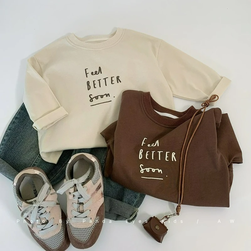 Kids Boys Girls Sweatshirt Feel Better Soon Letter Print Crew Neck Long Sleeve Casual Pullover Tops Autumn Winter Clothing